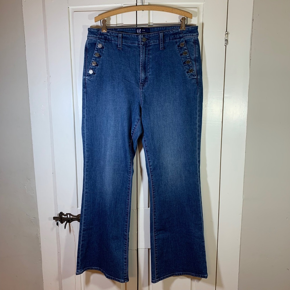 GAP Denim 70s Flare Jeans Womens Size 16/33R Blue High Rise Retro Stylish Trendy